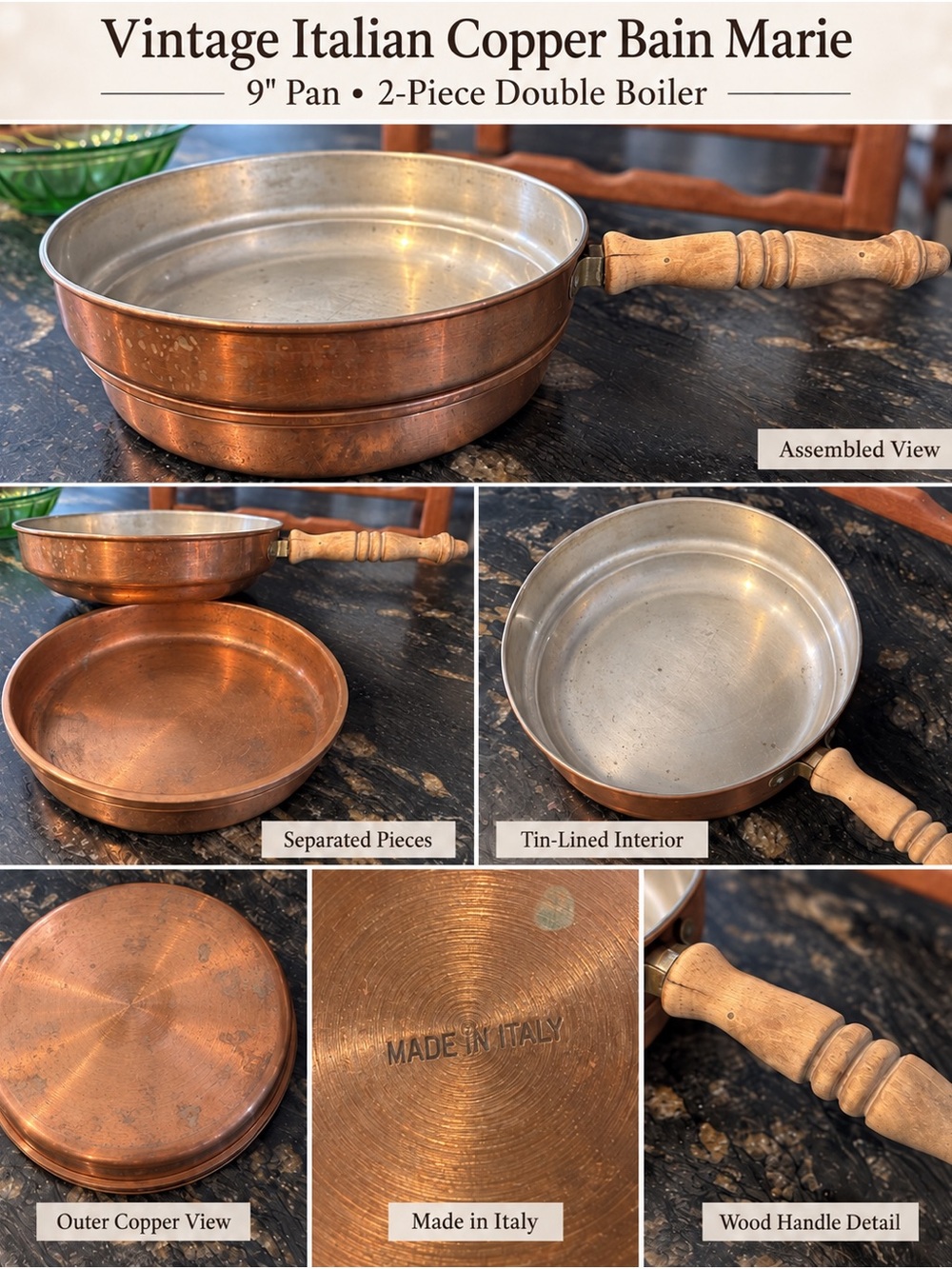 Vintage Copper Bain Marie Double Boiler with Wooden Handle - Copper, Silver